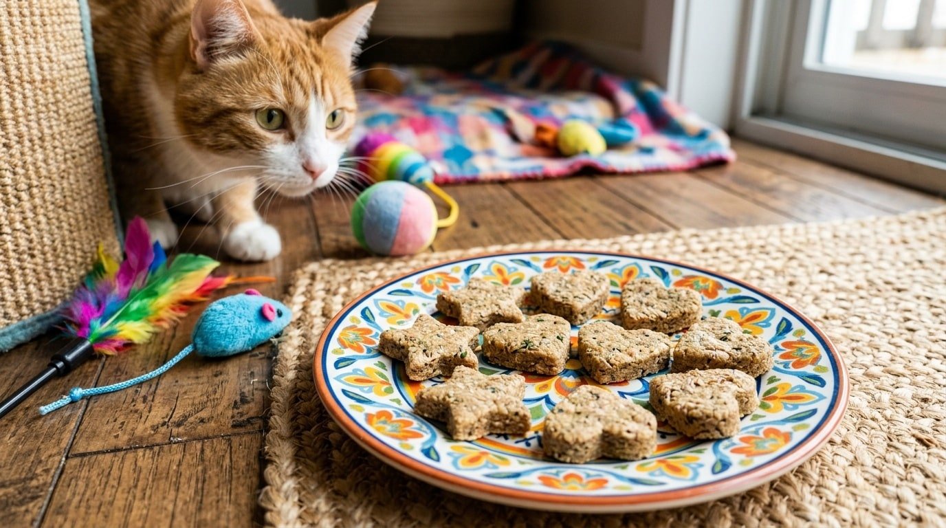 An assortment of DIY tuna and yogurt treats for cats in playful shapes on a colorful plate, with a curious cat nearby.