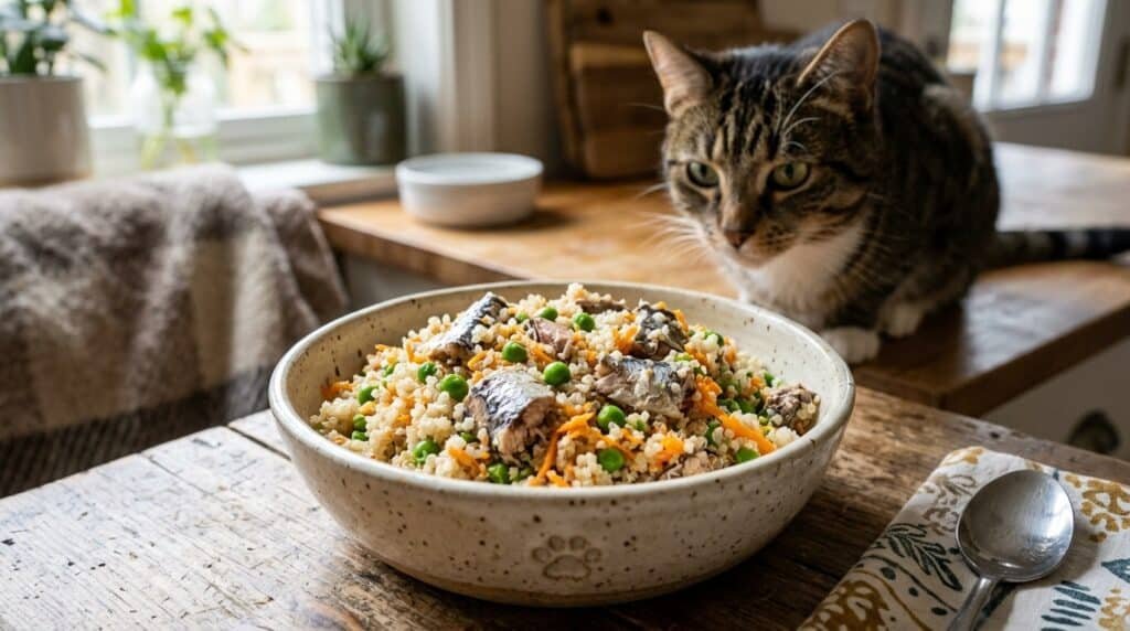 A healthy homemade sardine and quinoa meal for cats served in a bowl, surrounded by colorful fresh ingredients.