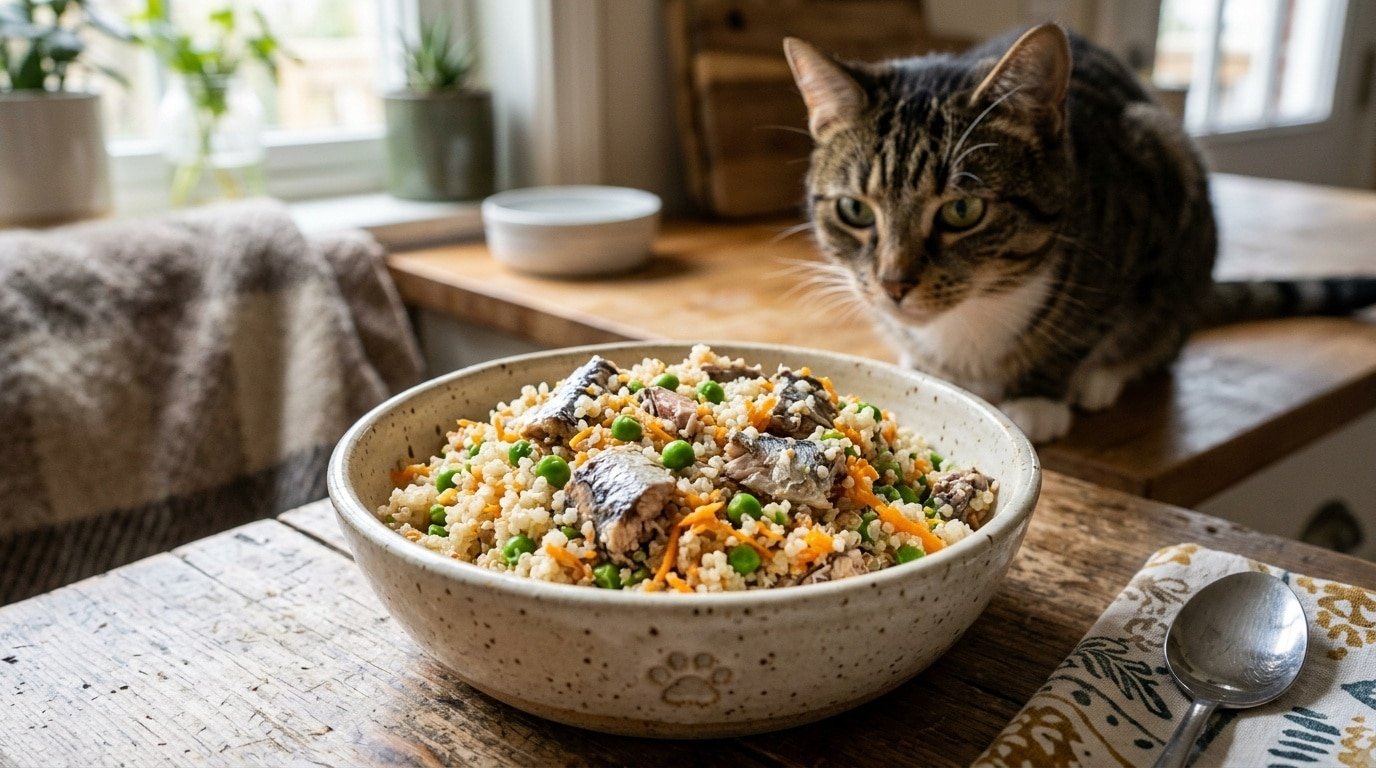 A healthy homemade sardine and quinoa meal for cats served in a bowl, surrounded by colorful fresh ingredients.