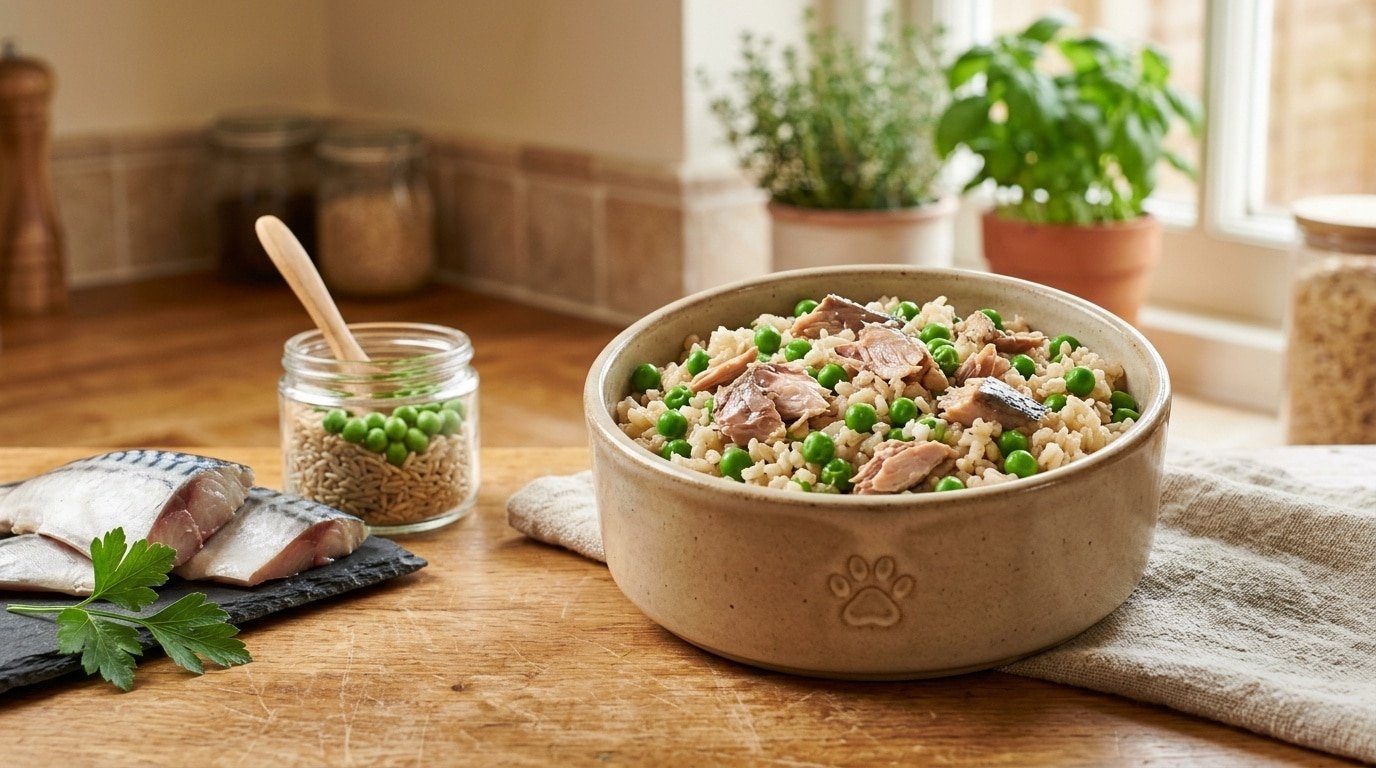 A nutritious cat meal with mackerel, brown rice, and peas in a bowl on a kitchen counter.