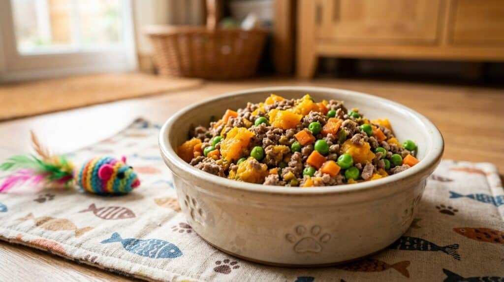 A bowl of homemade lamb and squash cat food on a pet mat, featuring bright vegetables and a playful cat toy nearby.