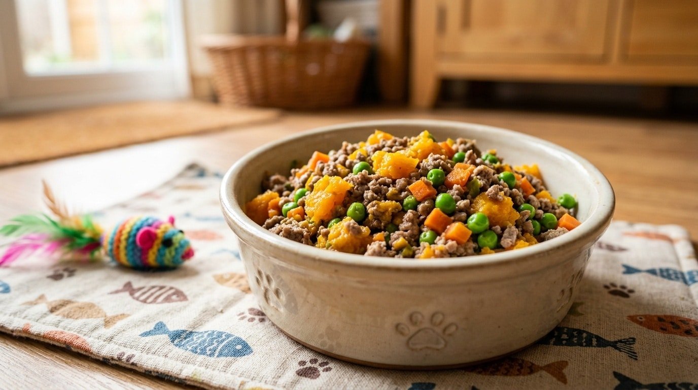 A bowl of homemade lamb and squash cat food on a pet mat, featuring bright vegetables and a playful cat toy nearby.