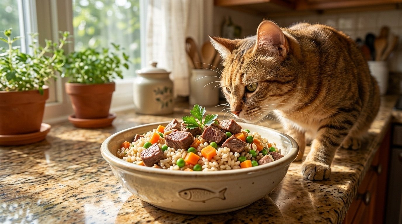 Freshly made Beef Heart & Brown Rice Meal for cats, featuring beef heart, brown rice, and vegetables, on a kitchen counter with a cat in the background.