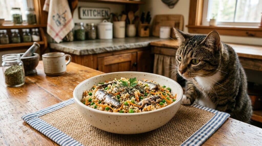 A bowl of sardine and flaxseed mixture for cats with quinoa, peas, and carrots, on a cozy mat with a cat in the background.