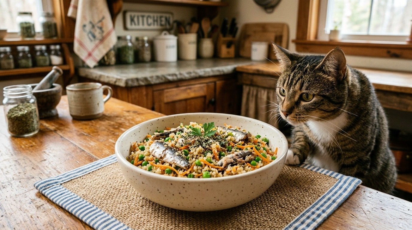 A bowl of sardine and flaxseed mixture for cats with quinoa, peas, and carrots, on a cozy mat with a cat in the background.