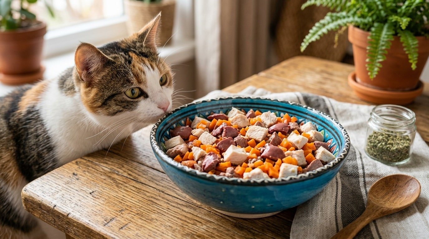 A wholesome chicken, liver, and carrot power bowl for cats, with a curious cat in the background.