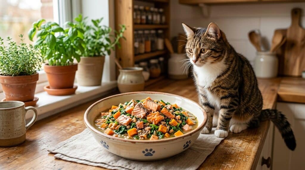 A bowl of Mackerel & Spinach cat food, featuring mackerel, spinach, and sweet potato, with a cat waiting to eat.