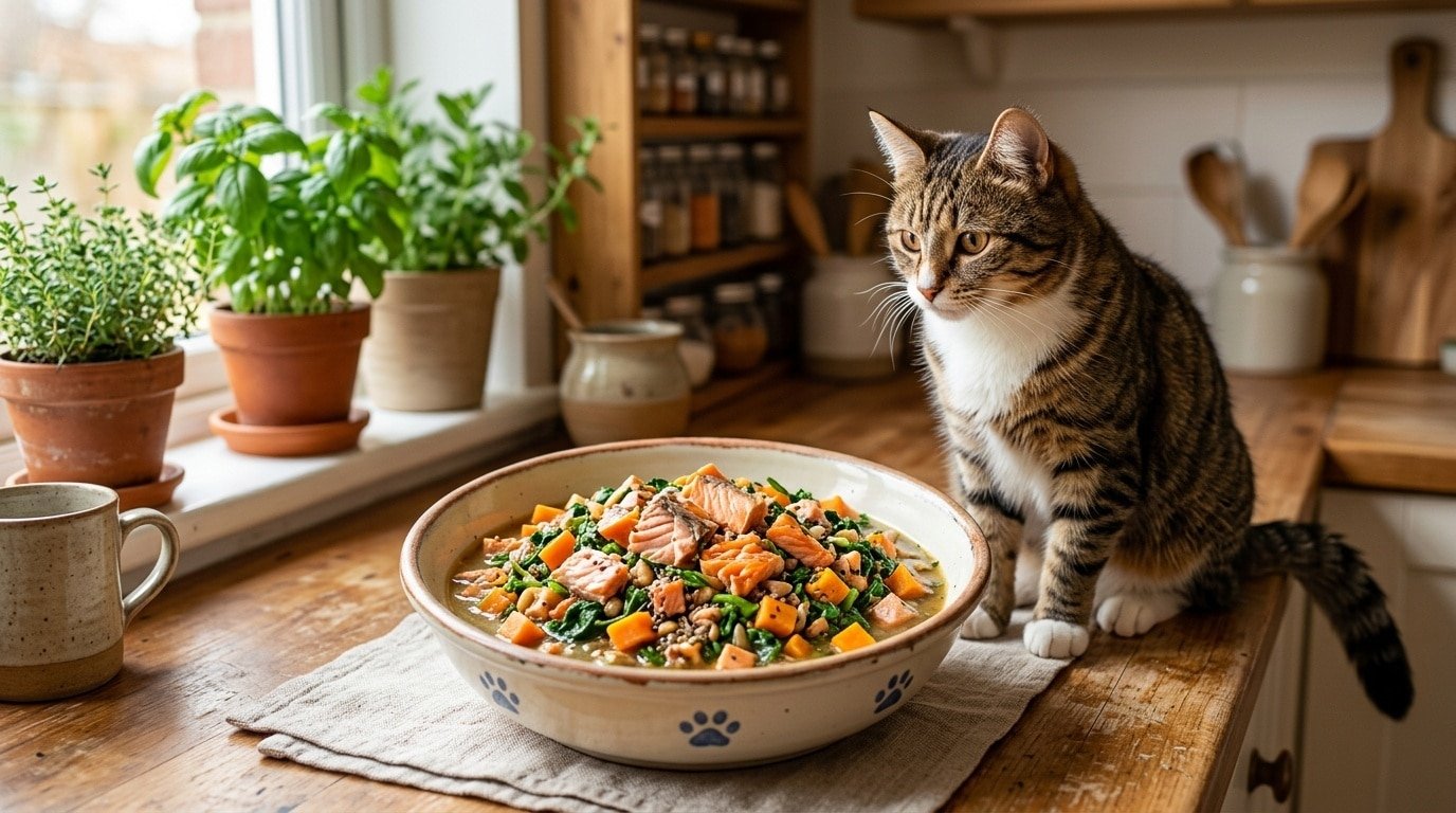 A bowl of Mackerel & Spinach cat food, featuring mackerel, spinach, and sweet potato, with a cat waiting to eat.