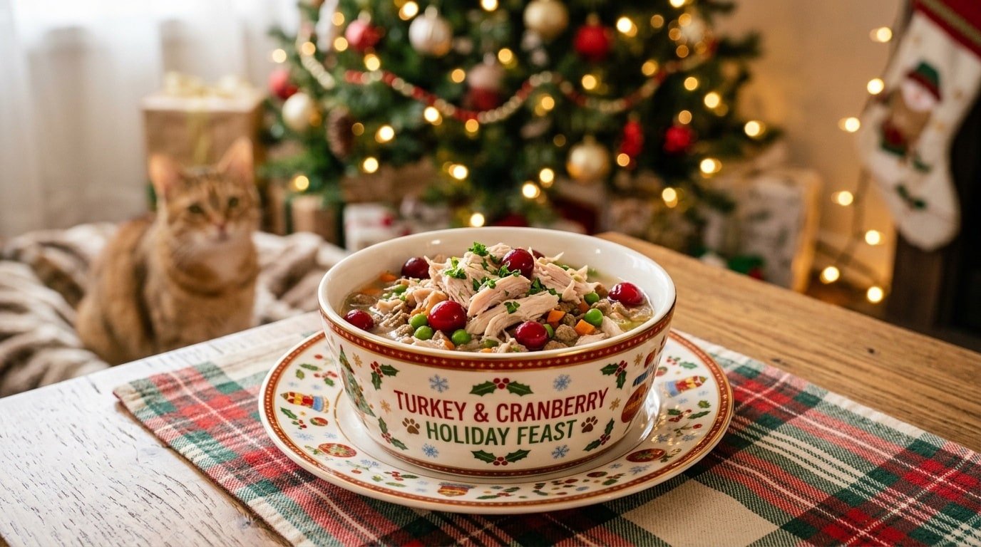 A colorful bowl of turkey and cranberry feast for cats, surrounded by holiday decorations.