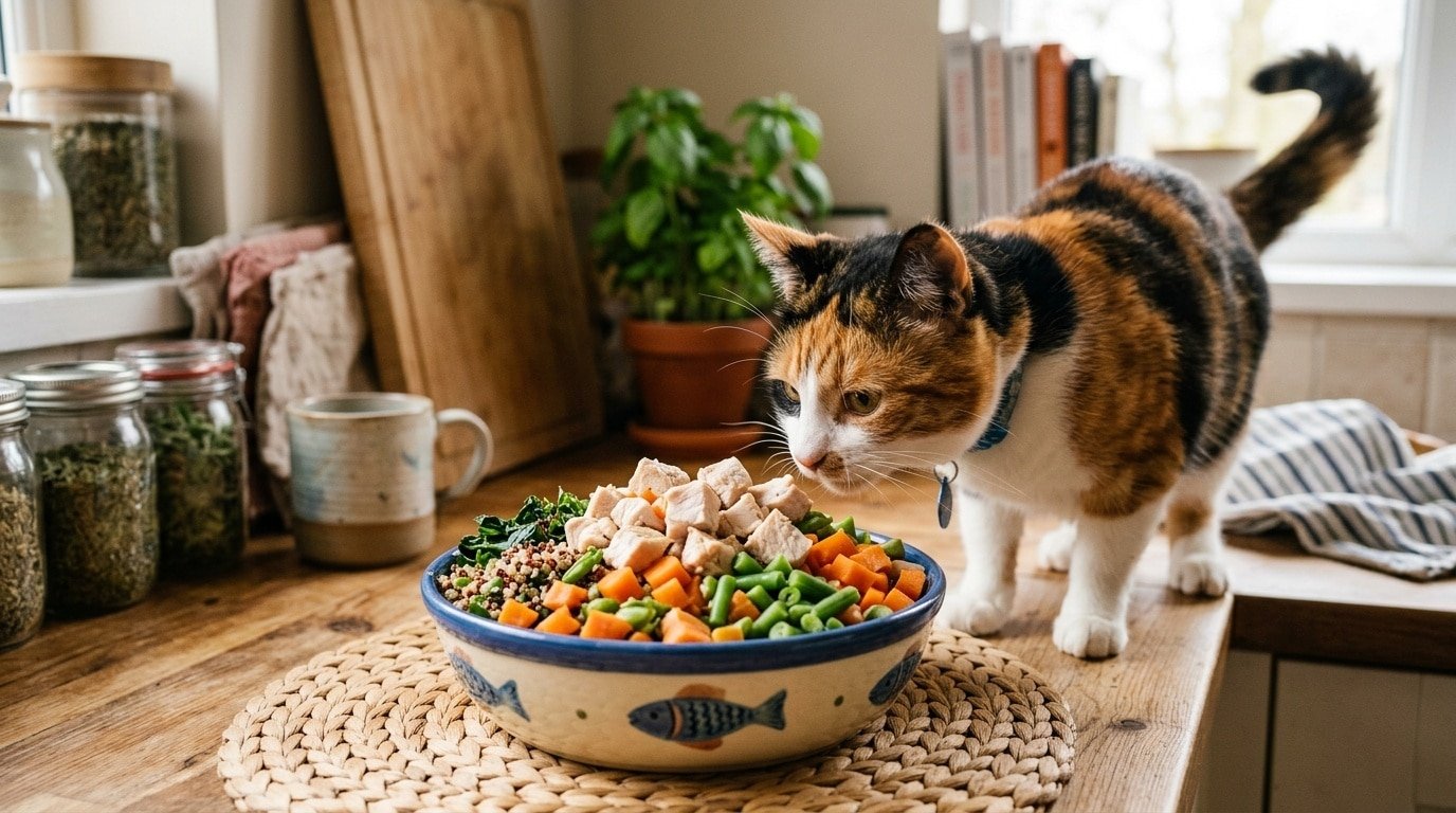 Bowl of homemade chicken and vegetable cat food filled with chicken, carrots, and green beans, with a playful cat nearby.