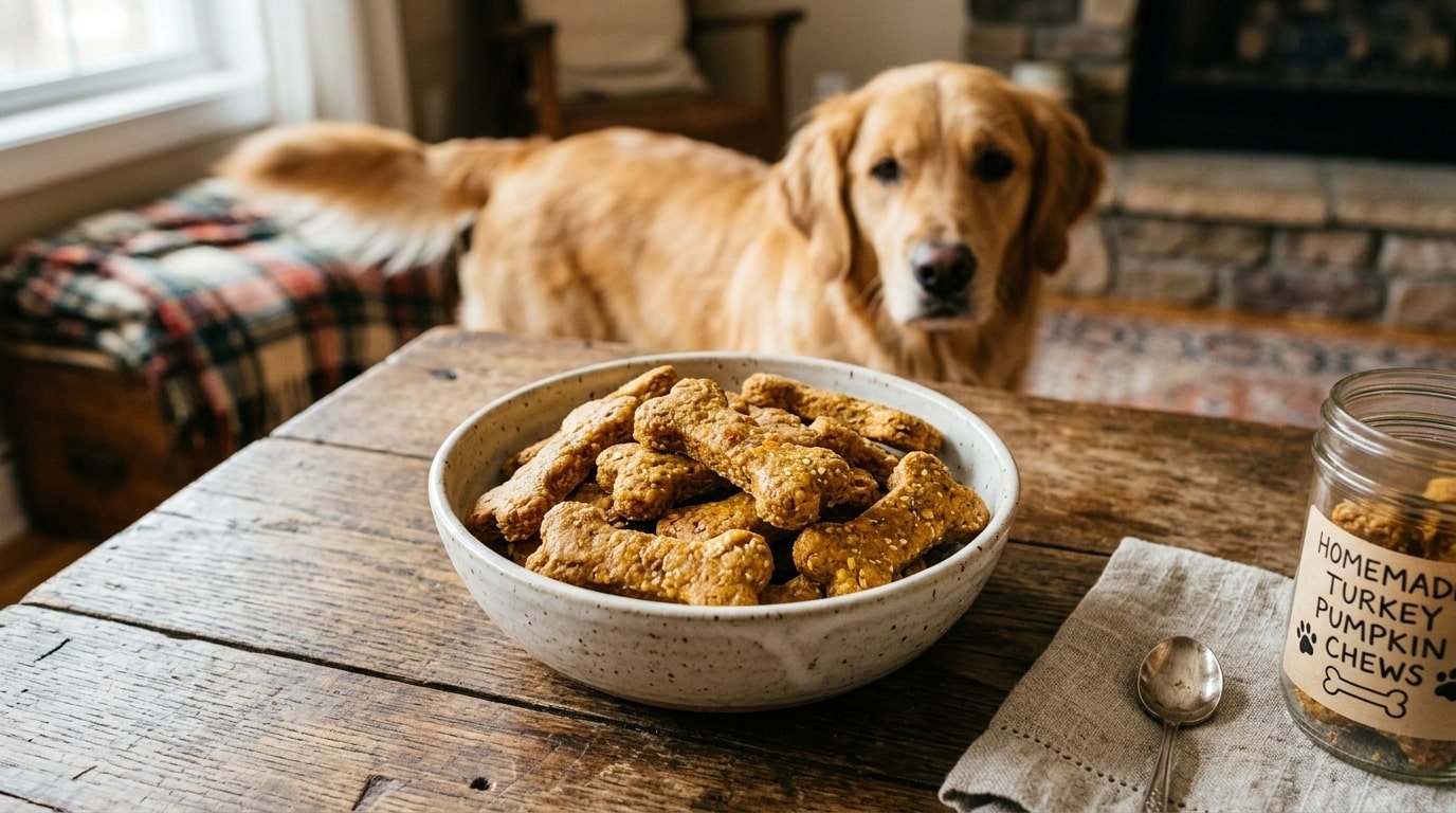 Bowl of golden-brown turkey pumpkin chews for dogs on a wooden table, ready for serving.