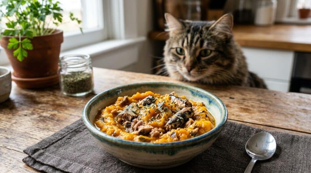 A bowl of sardine and pumpkin mix for cats, garnished with catnip, on a rustic wooden table.