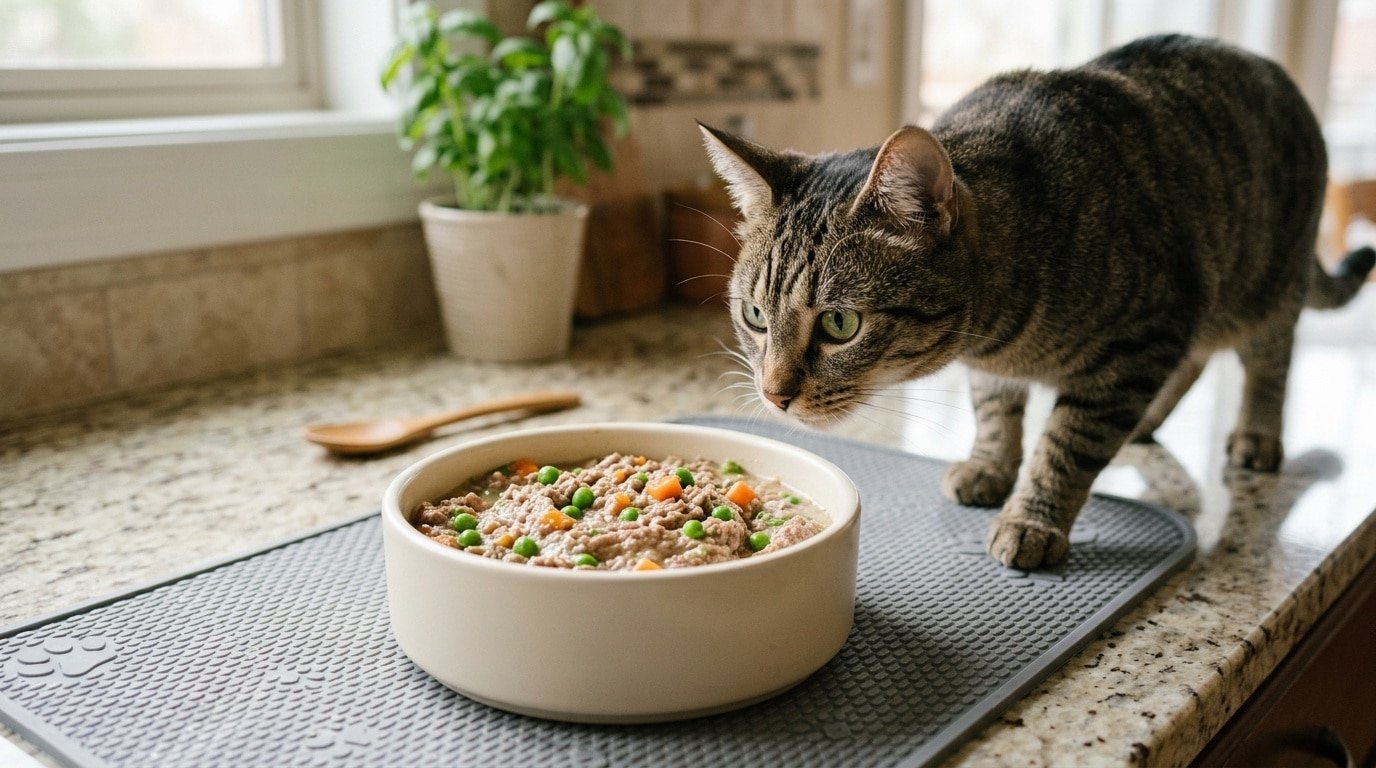 A nutritious Duck & Pea formula for cats, in a bowl, alongside a curious cat on a kitchen mat.