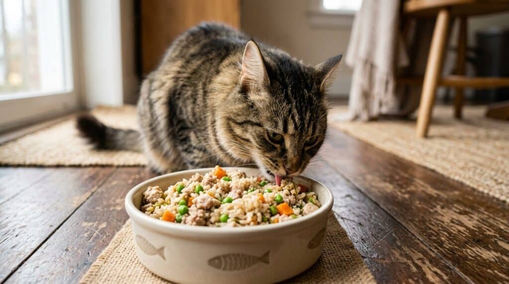 A cat bowl filled with turkey and rice food, showing peas and carrots, with a curious cat nearby.