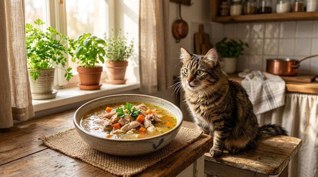 A bowl of chicken broth for cats with chicken pieces and carrots, garnished with parsley, in a cozy kitchen setting.