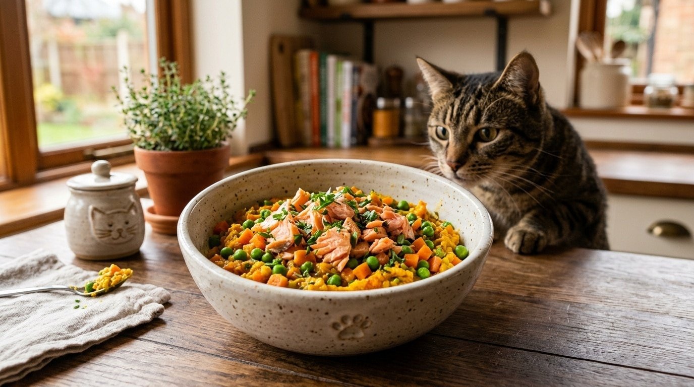 A bowl of salmon and turmeric cat food with peas and carrots, presented in a cozy kitchen.
