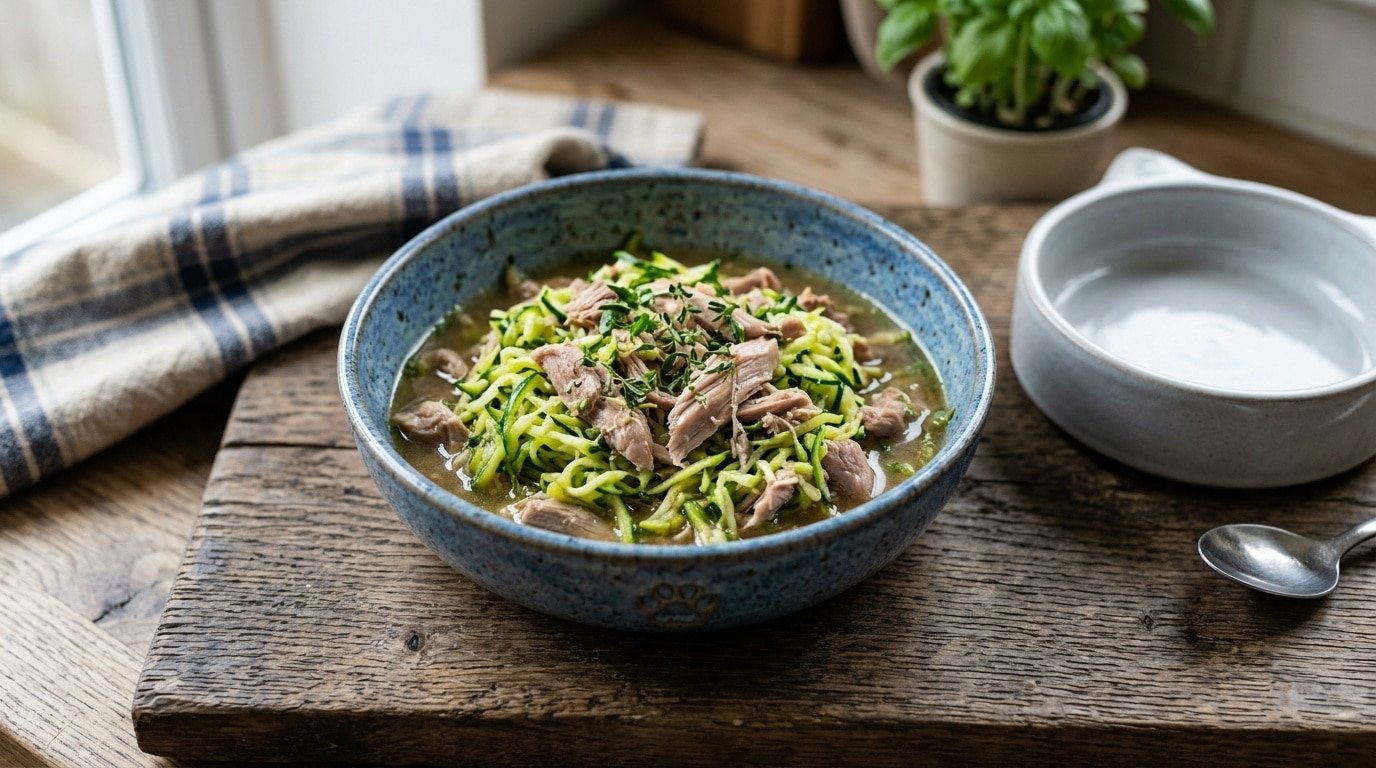 A bowl of grain-free rabbit and zucchini cat food with zucchini and rabbit meat, garnished with herbs on a wooden table.