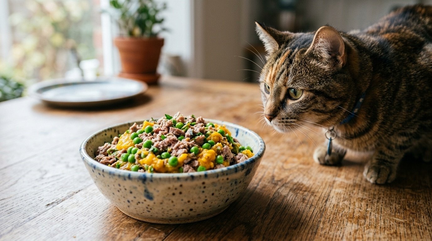 A bowl of homemade duck and pea cat meal with peas and pumpkin puree, ready for serving to a cat.