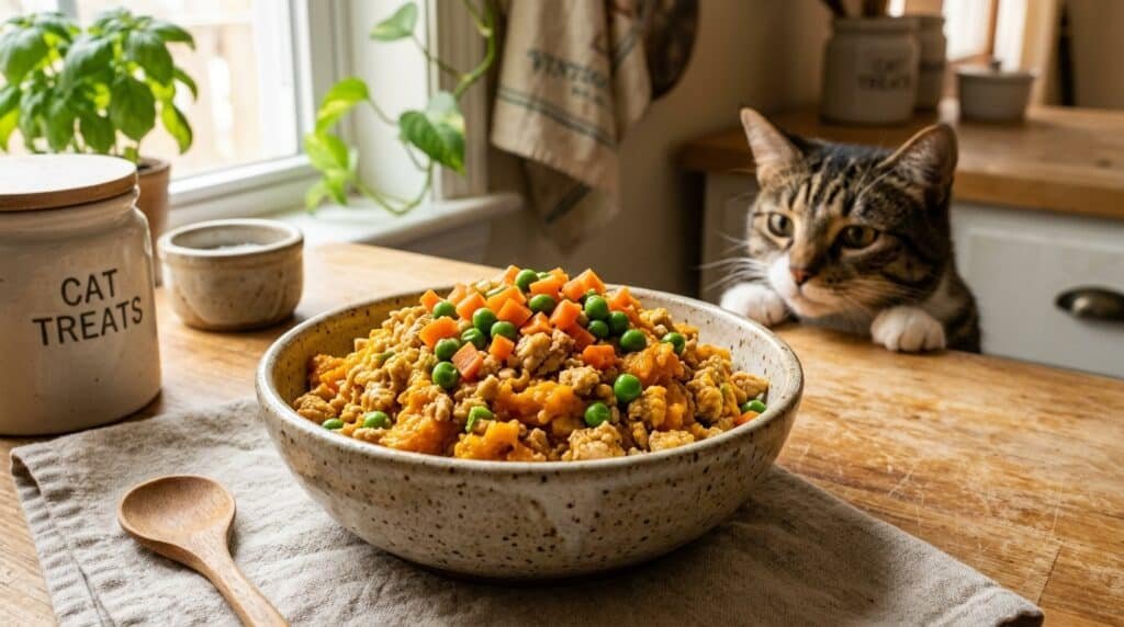 Homemade cat food in a bowl with chicken, pumpkin, and vegetables, with a cat in the background.