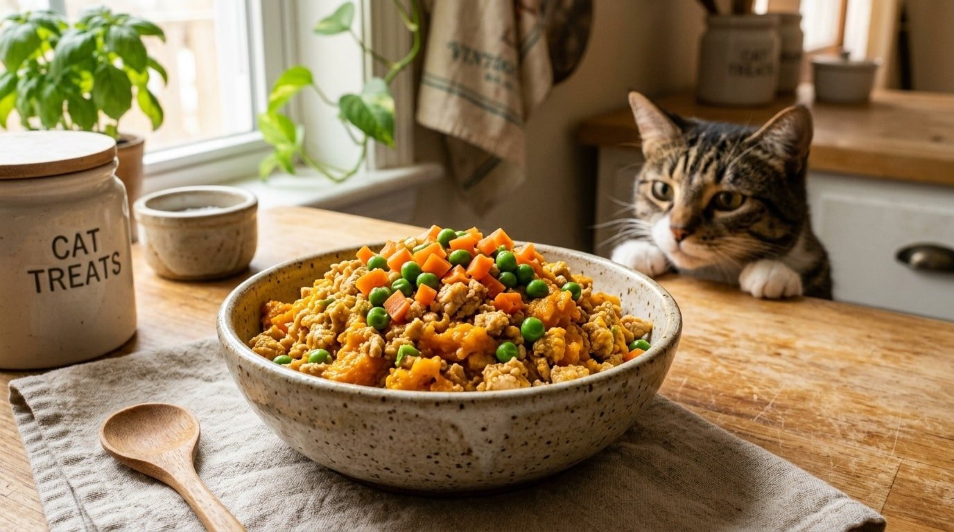 Homemade cat food in a bowl with chicken, pumpkin, and vegetables, with a cat in the background.