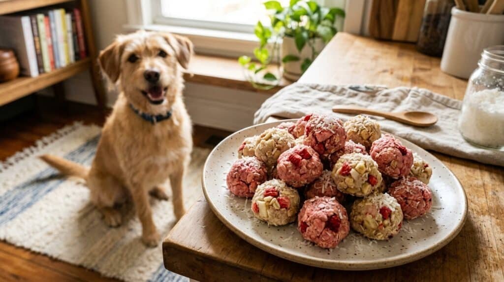 Delicious strawberry banana coconut bites for dogs on a plate, surrounded by a happy dog.