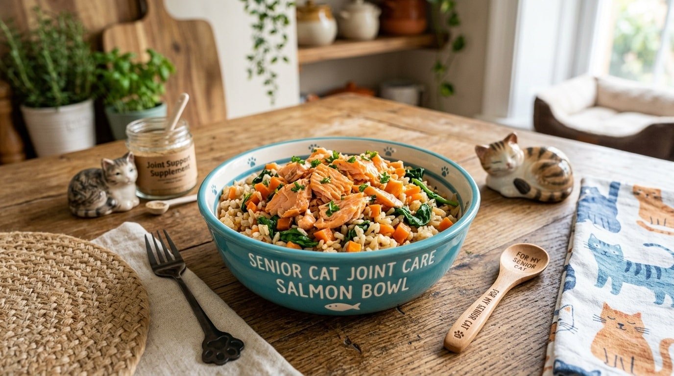 A colorful bowl of homemade food for cats containing salmon, rice, carrots, and spinach, appealing for senior cat nutrition.