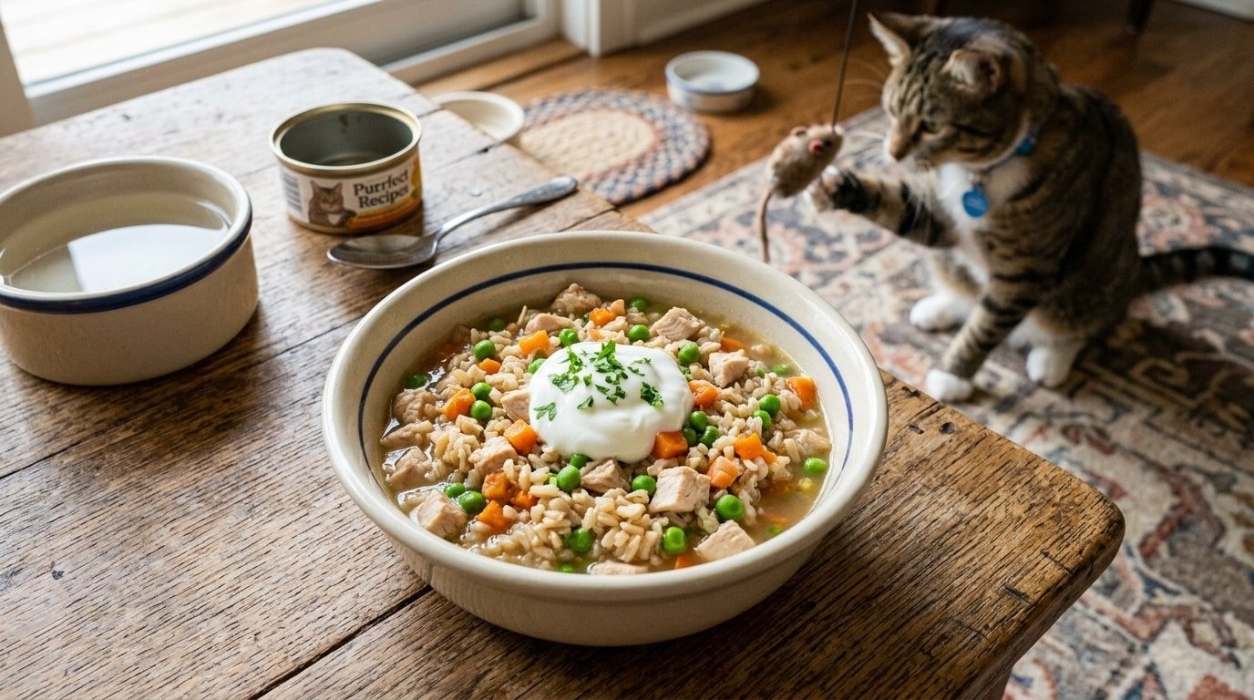 A nutritious homemade chicken cat food with rice, carrots, and peas, topped with yogurt, on a rustic table.