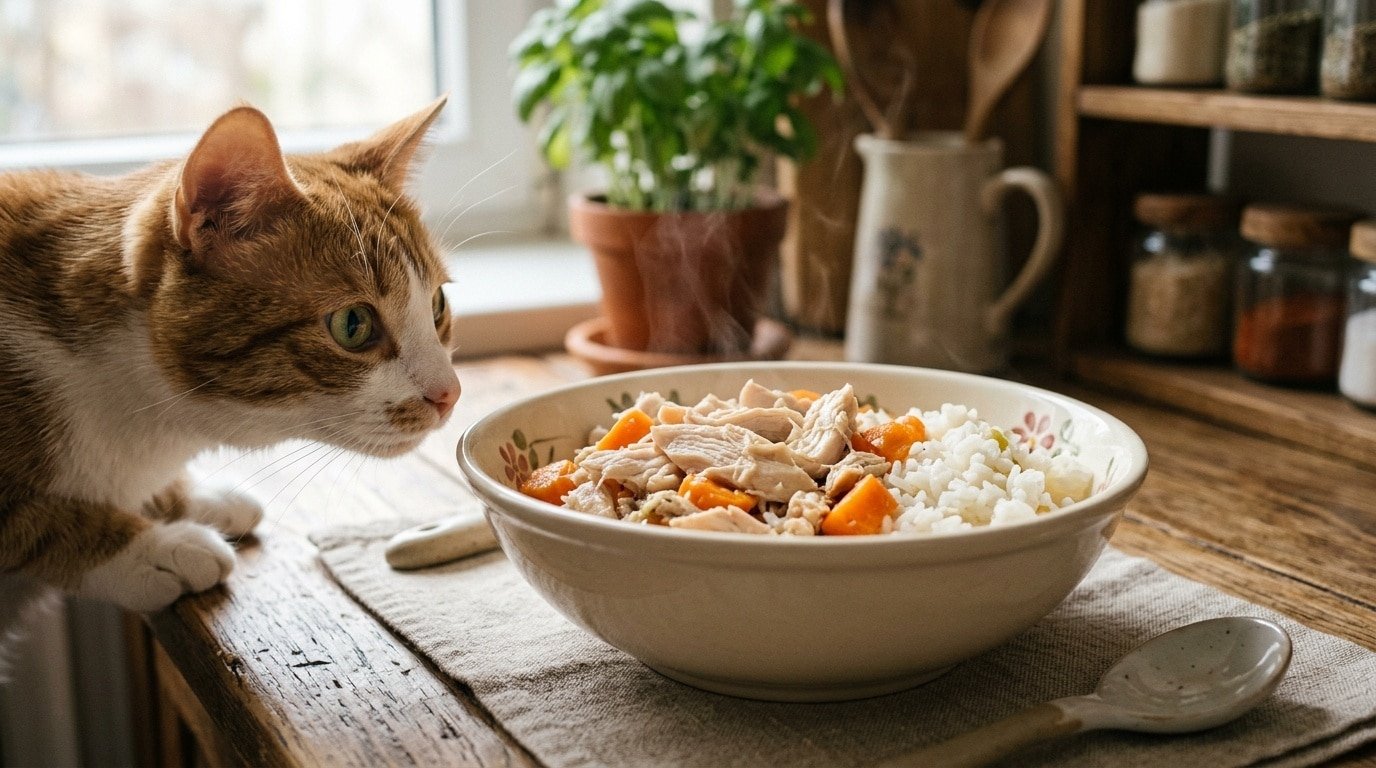 Bowl of homemade recovery meal for cats with chicken, rice, and carrots, with a curious cat in the background.
