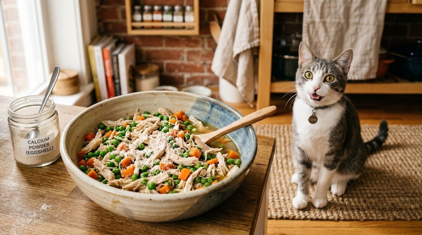 Homemade cat food bowl with chicken, peas, and carrots, garnished with ground eggshell, in a warm kitchen.