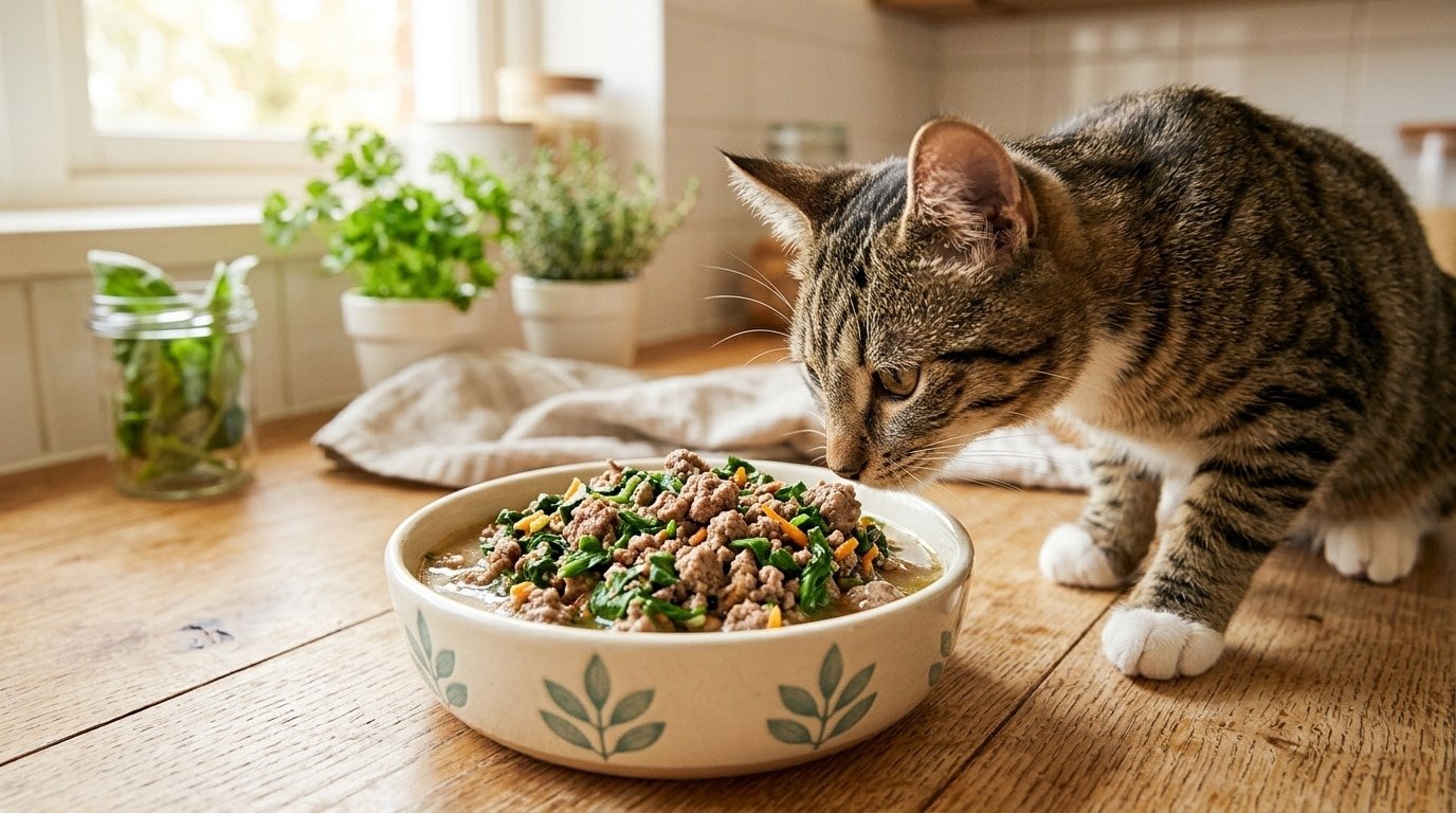 A bowl of homemade beef and spinach cat food with a curious cat in the background.