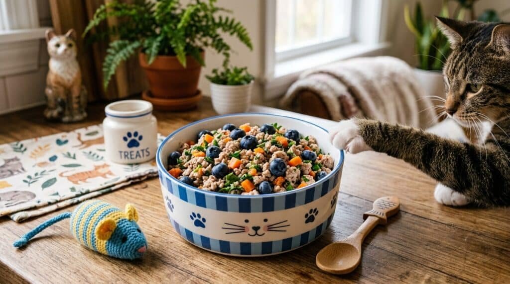 Bowl of turkey and blueberry cat meal, with turkey pieces, blueberries, and grated carrots, ready for a cat to enjoy.