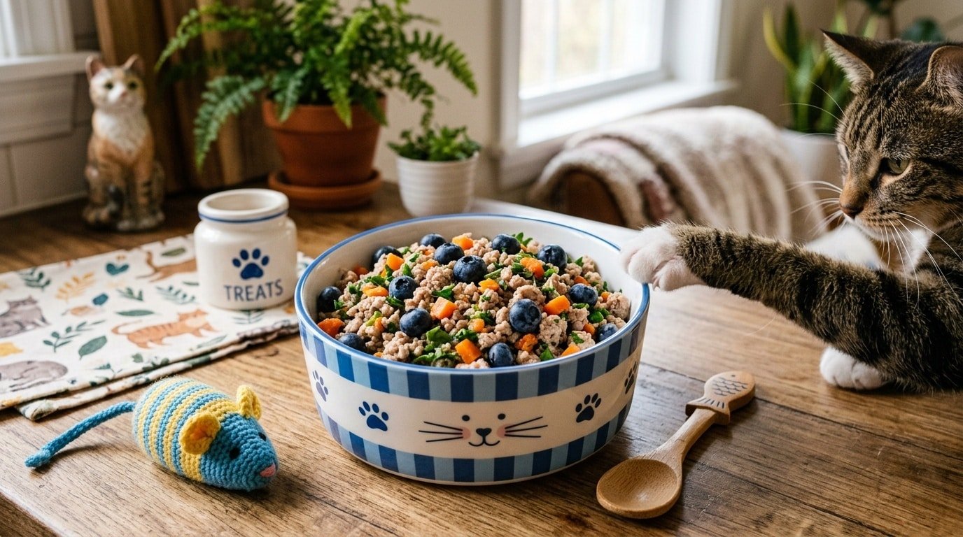 Bowl of turkey and blueberry cat meal, with turkey pieces, blueberries, and grated carrots, ready for a cat to enjoy.