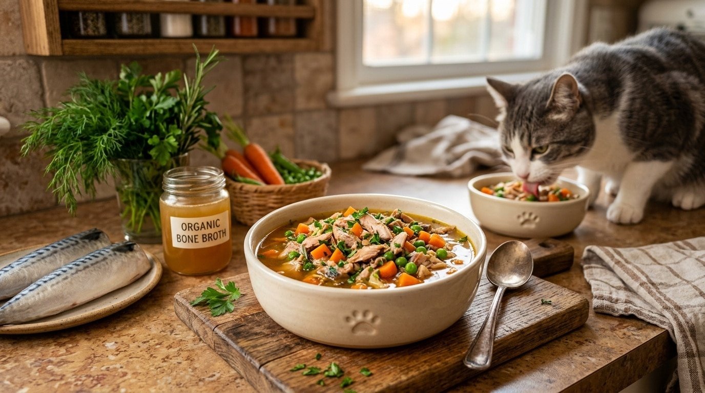 A bowl of homemade mackerel and bone broth for cats with carrots and peas, showcasing a nutritious meal.