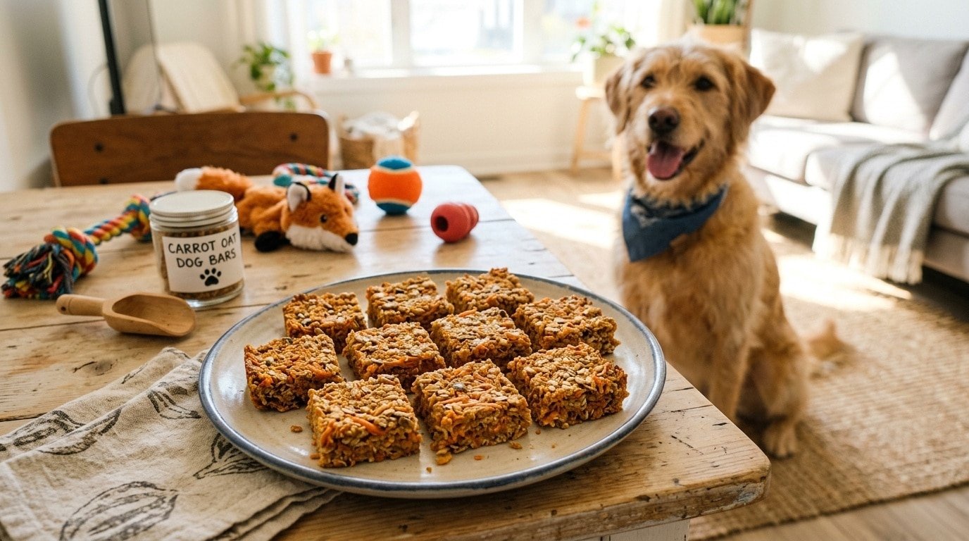 Homemade carrot oat bars for dogs cut into squares, displayed on a plate with dog toys in the background.
