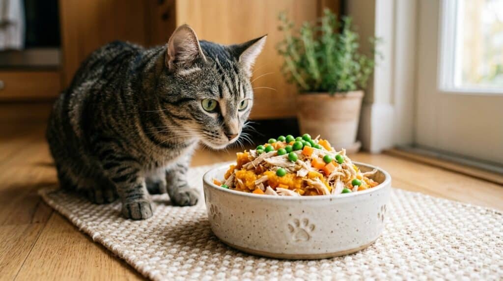 Bowl of homemade cat food with chicken, pumpkin, carrots, and peas, with a curious cat in the background.