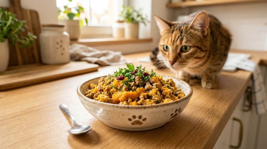 Bowl of homemade turkey and pumpkin cat meal, garnished with herbs, with a cat in the background.