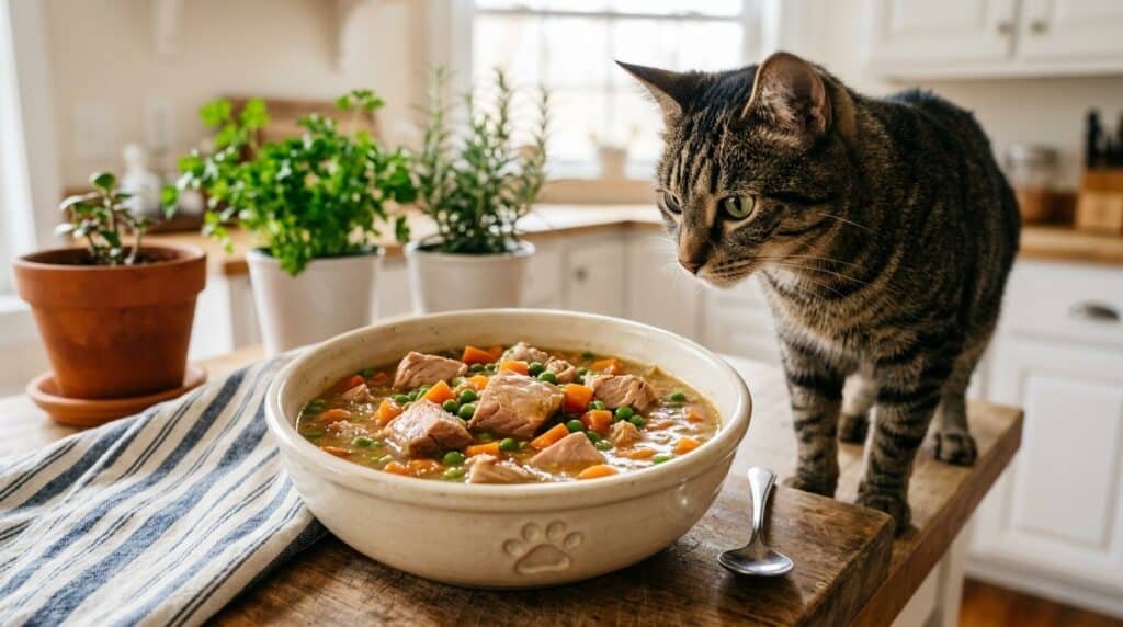A nourishing bowl of high-moisture tuna stew for cats, with vegetables and a curious cat in the background.