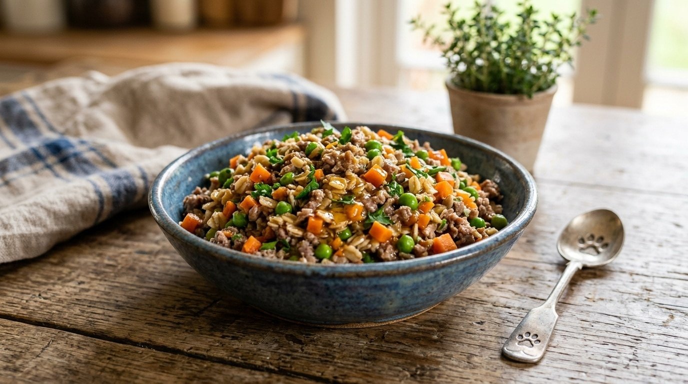 A bowl of homemade duck and oatmeal cat food with vegetables on a rustic background.