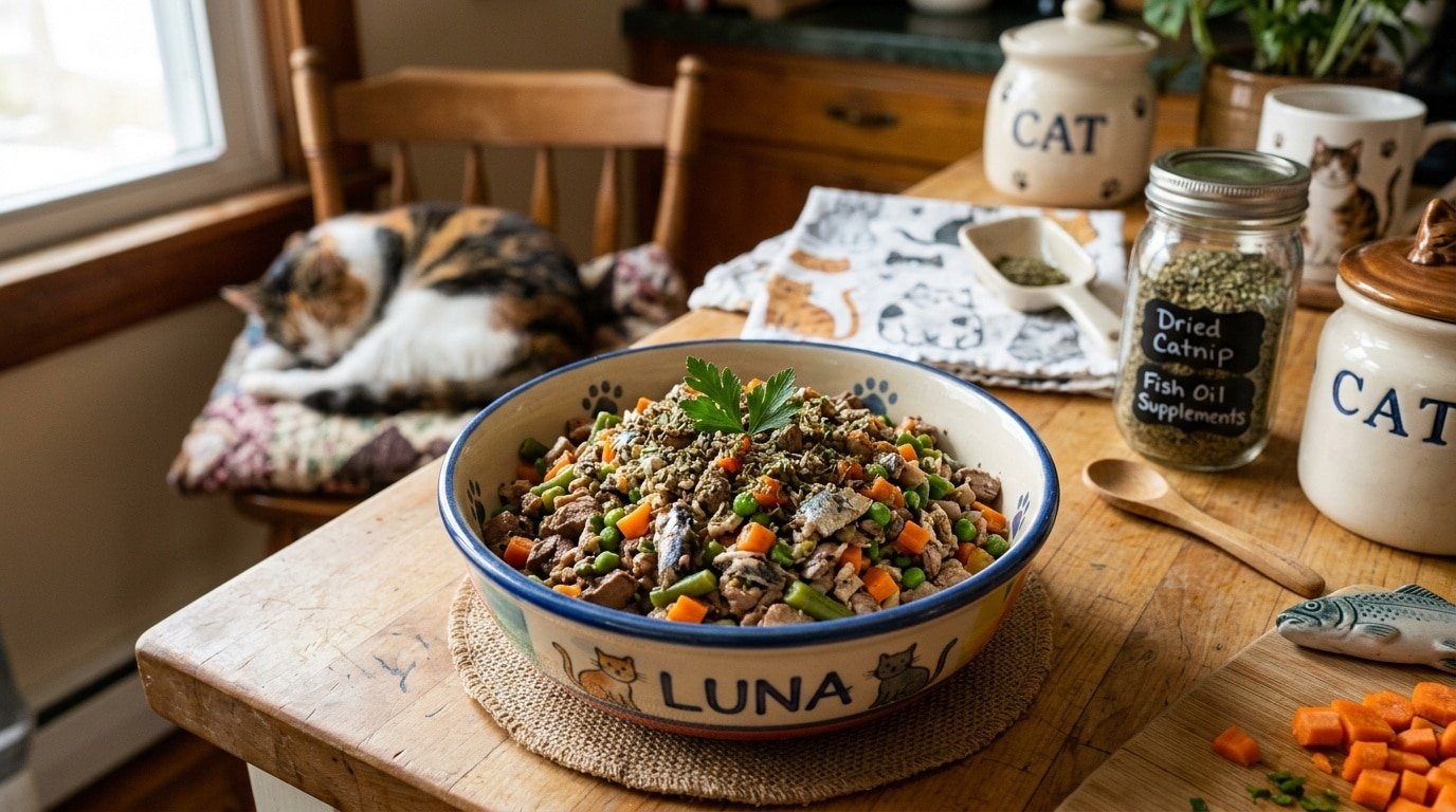 A nutritious bowl of homemade chicken liver and sardine cat food, with colorful veggies, ready to be served to a cat.