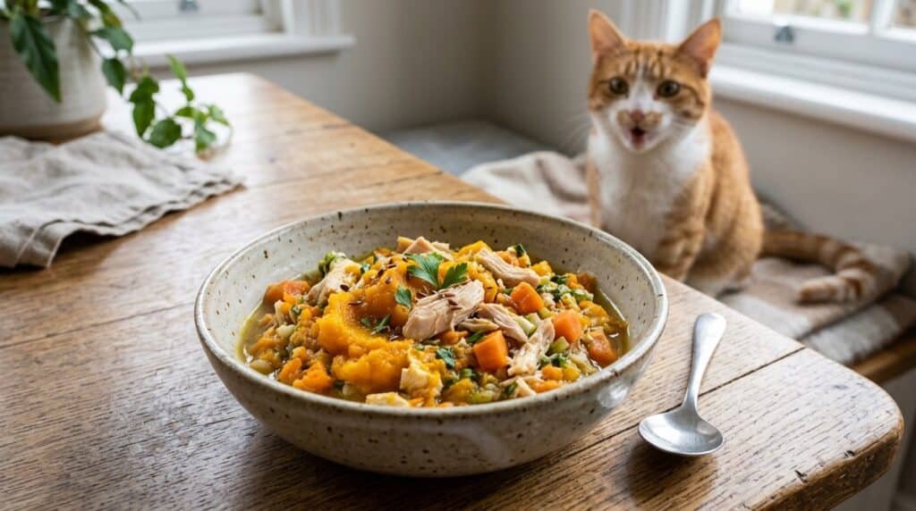 A vibrant bowl of homemade cat food with pumpkin, chicken, and carrots, ready to serve for a cat.