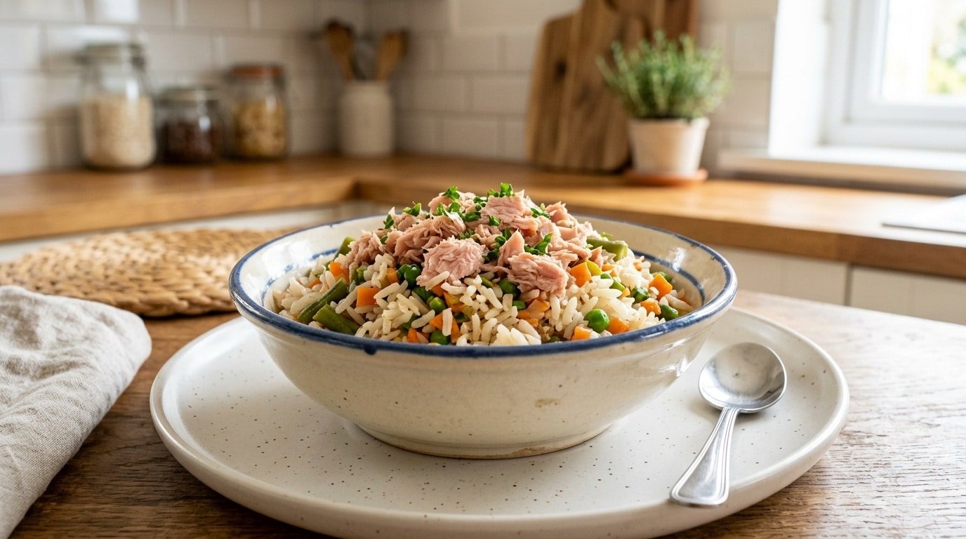 A nutritious bowl of fish and rice cat meal with tuna and optional vegetables, ready to be served to cats.