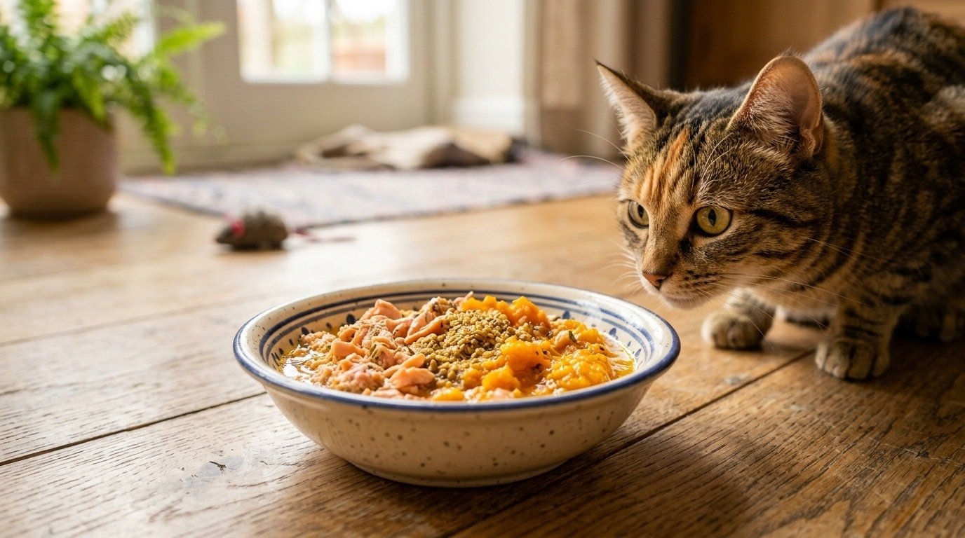 A bowl of salmon and flaxseed mixture for cats, with flakes of salmon and ground flaxseed, on a wooden surface.