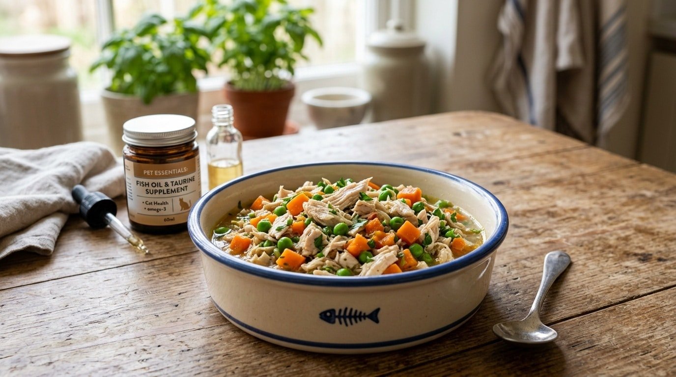 A bowl of homemade cat food for hyperthyroid cats, showing chicken, carrots, and peas on a rustic table.
