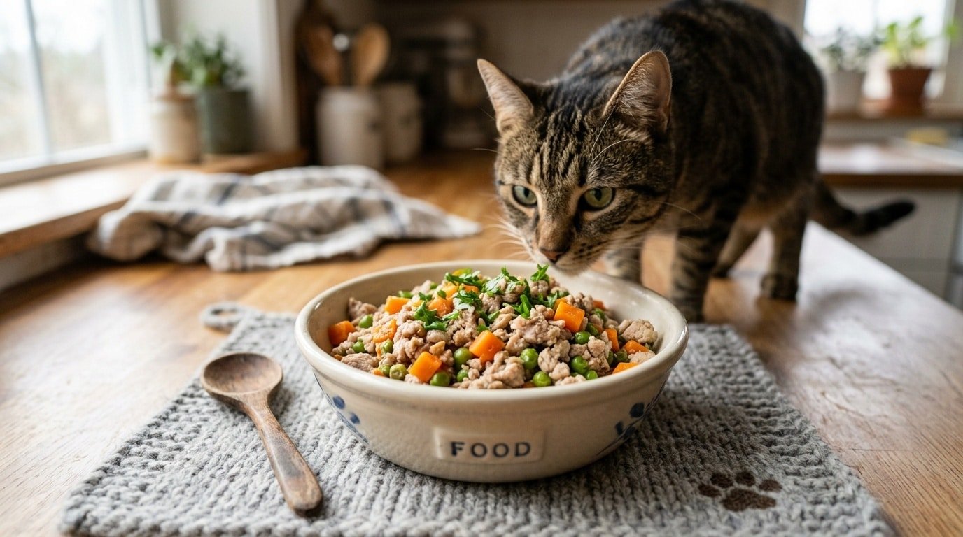 A nutritious homemade cat dinner with turkey, carrots, and peas, garnished with parsley, ready to be served.