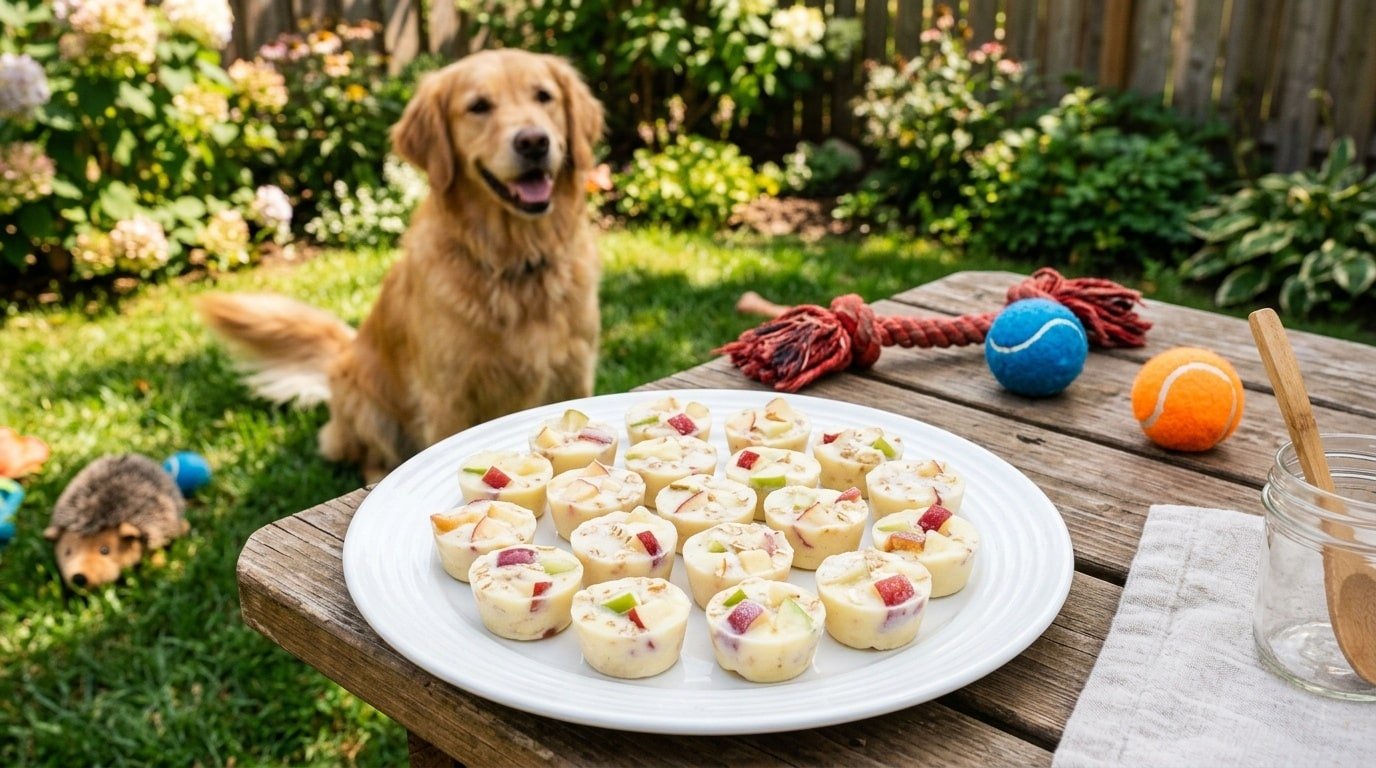 Frozen apple yogurt bites for dogs arranged on a plate, surrounded by dog toys in a sunny outdoor setting.