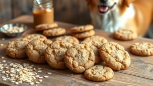 Homemade oatmeal cookies for dogs on a wooden table with scattered oats and a jar of peanut butter.