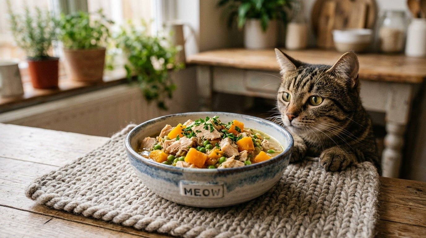 A bowl of homemade chicken and pumpkin cat food with peas, garnished with parsley, next to a curious cat.