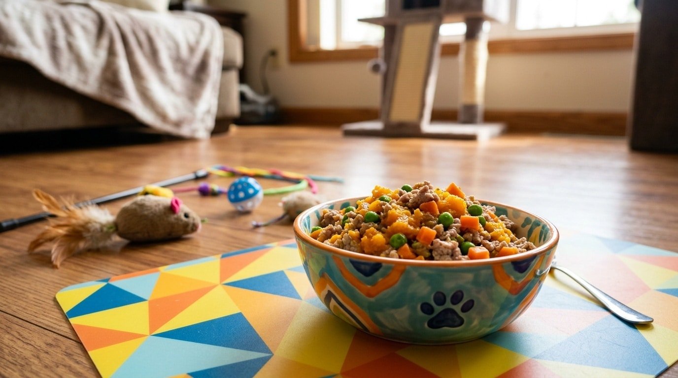 A bowl of Digestive Care Rabbit & Pumpkin Cat Meal with rabbit meat, pumpkin, peas, and carrots on a bright pet food mat.