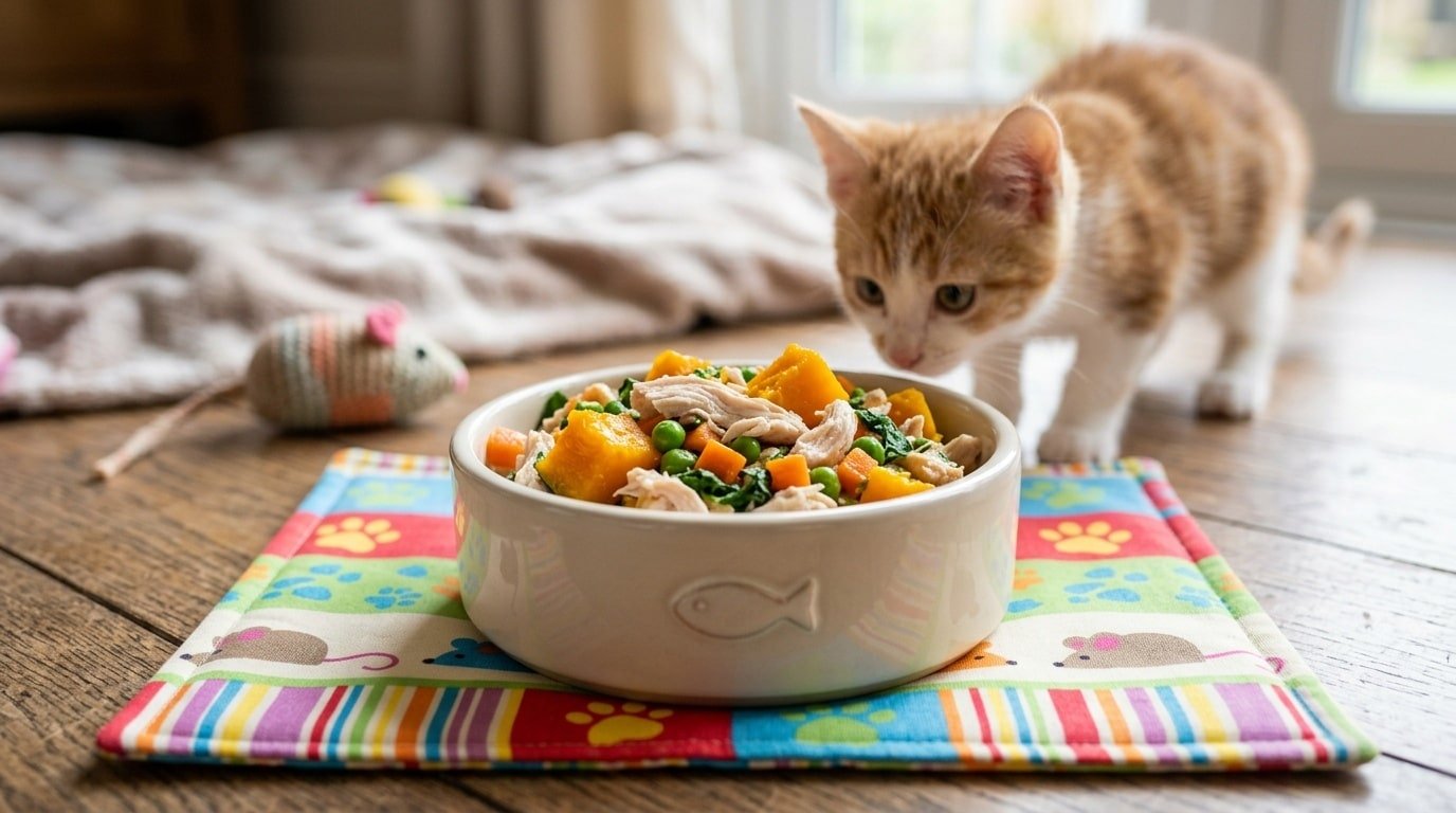 A vibrant bowl of homemade cat food featuring shredded chicken, pumpkin, and carrots, ready for a cat to enjoy.