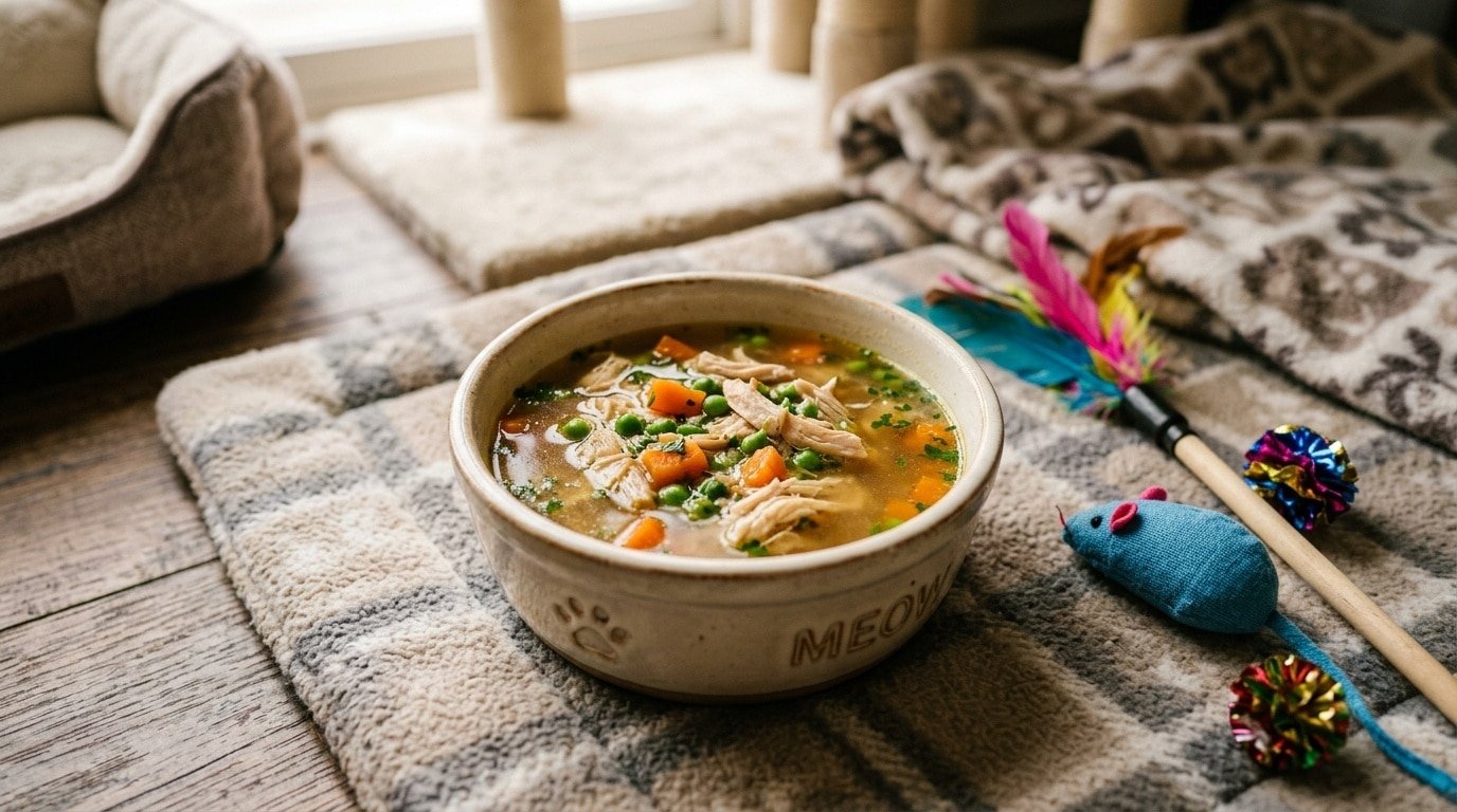 A bowl of bone broth and chicken soup for cats, with shredded chicken and colorful vegetables, ready to be served.